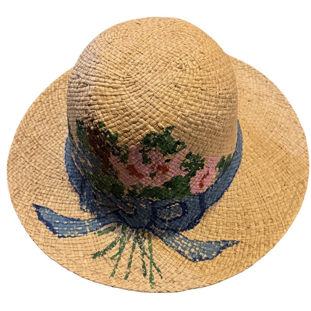 Vintage Handwoven Natural Straw Sun Hat - Hand Painted Flowers Bow /Beach Hat